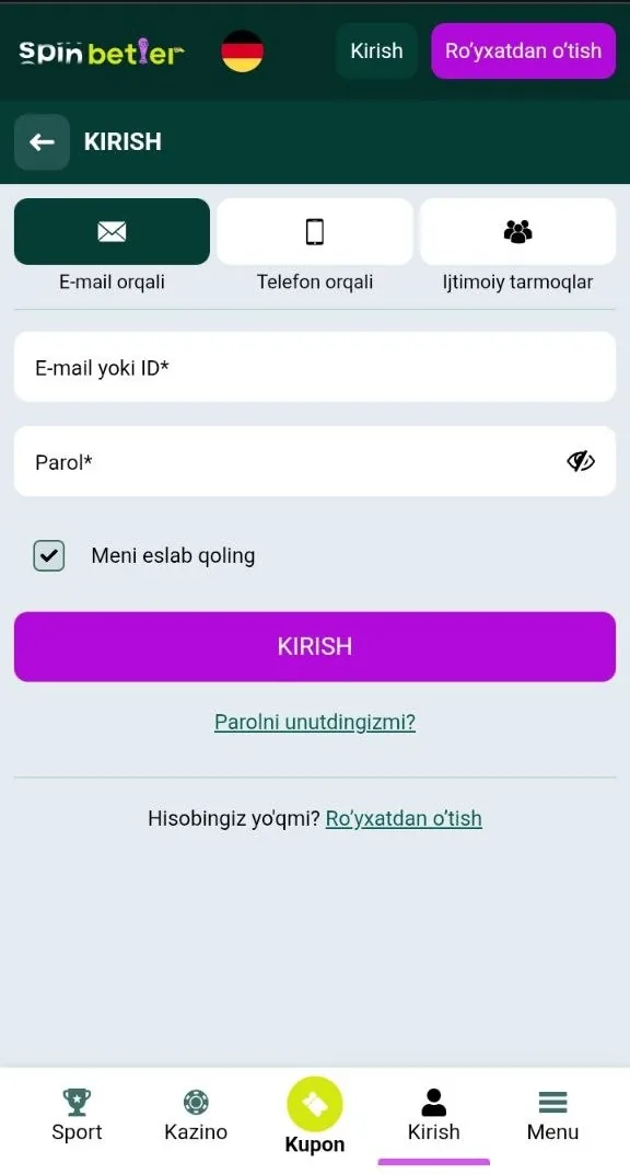 SpinBetter login — shaxsiy kabinetga kirish shakli