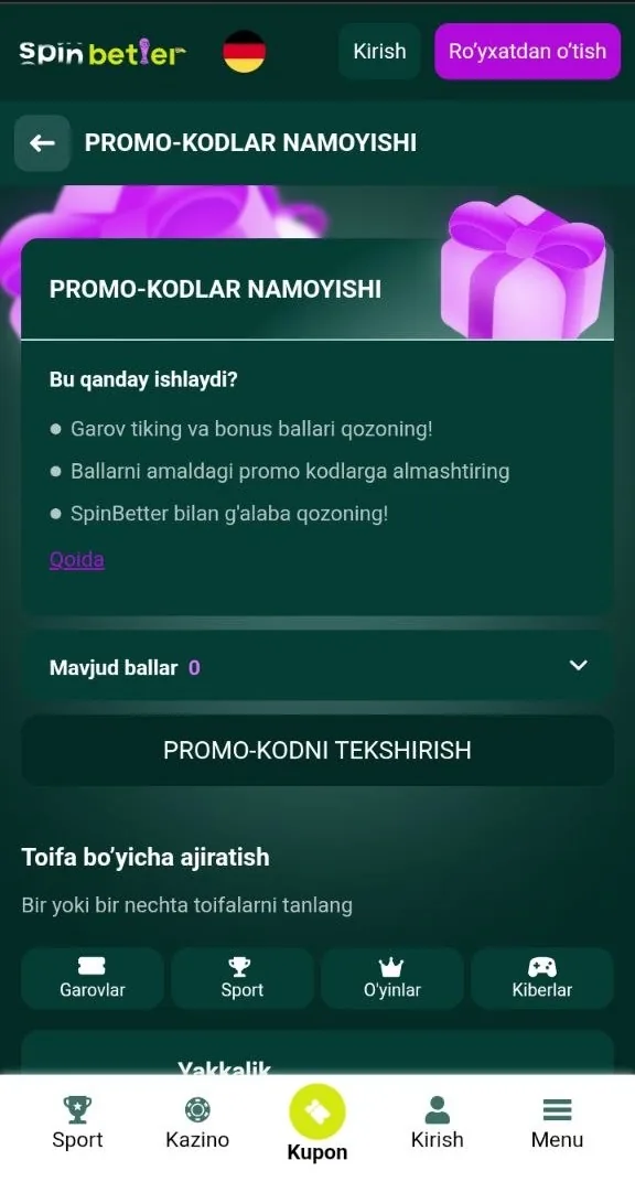 SpinBetter promo kodi — ro'yxatdan o'tish shaklidagi kod maydoni