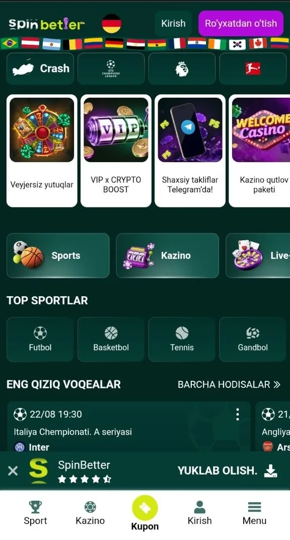 SpinBetter UZ kazinosining bosh sahifasi va o'yin bo'limlari